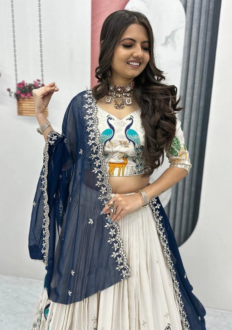 Off White Embroidered Chinon Lehenga Set - Indya