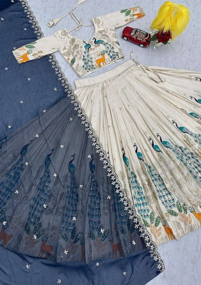 Off White Embroidered Chinon Lehenga Set for Diwali and Festive Wear - Indya