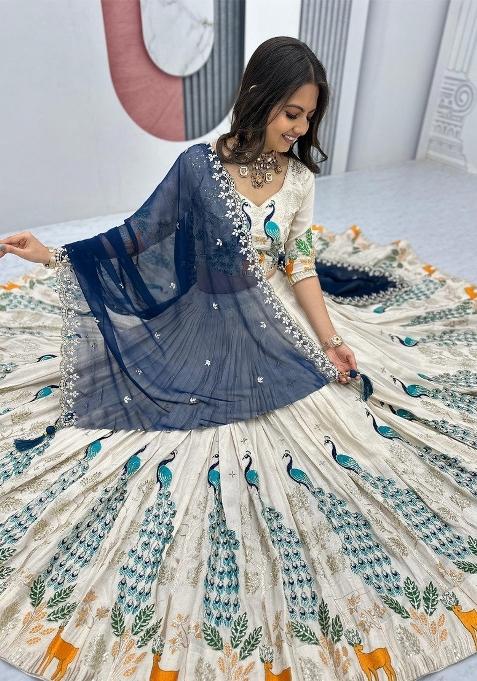 Off White Embroidered Chinon Lehenga Set