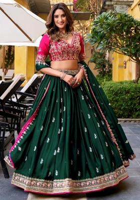 Green Embroidered Chinon Lehenga Set