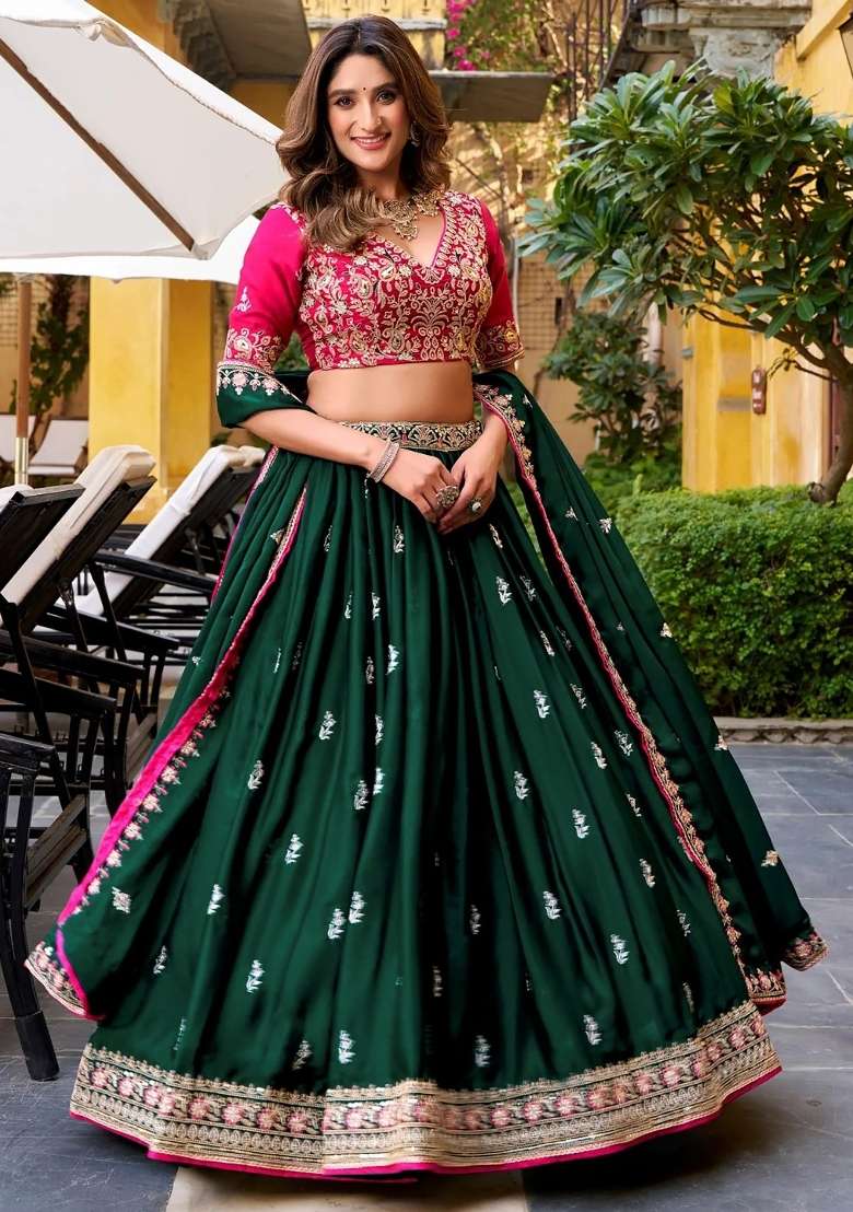Green Embroidered Chinon Lehenga Set - Indya