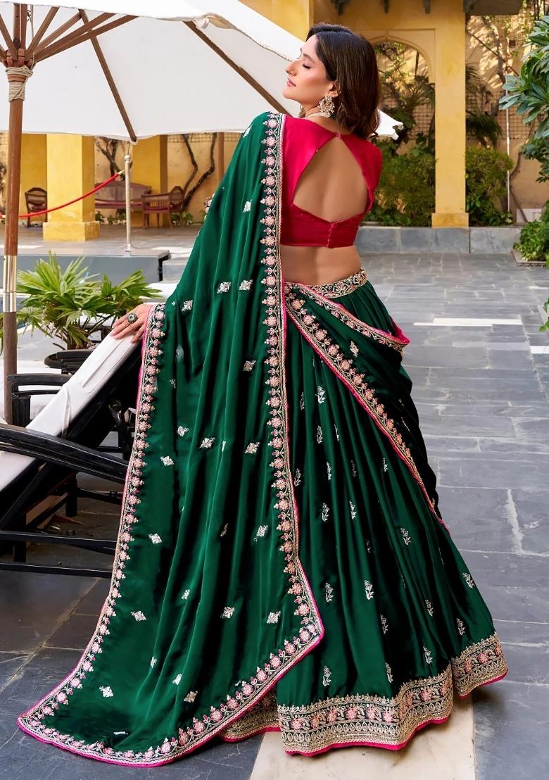 Green Embroidered Chinon Lehenga Set - Indya