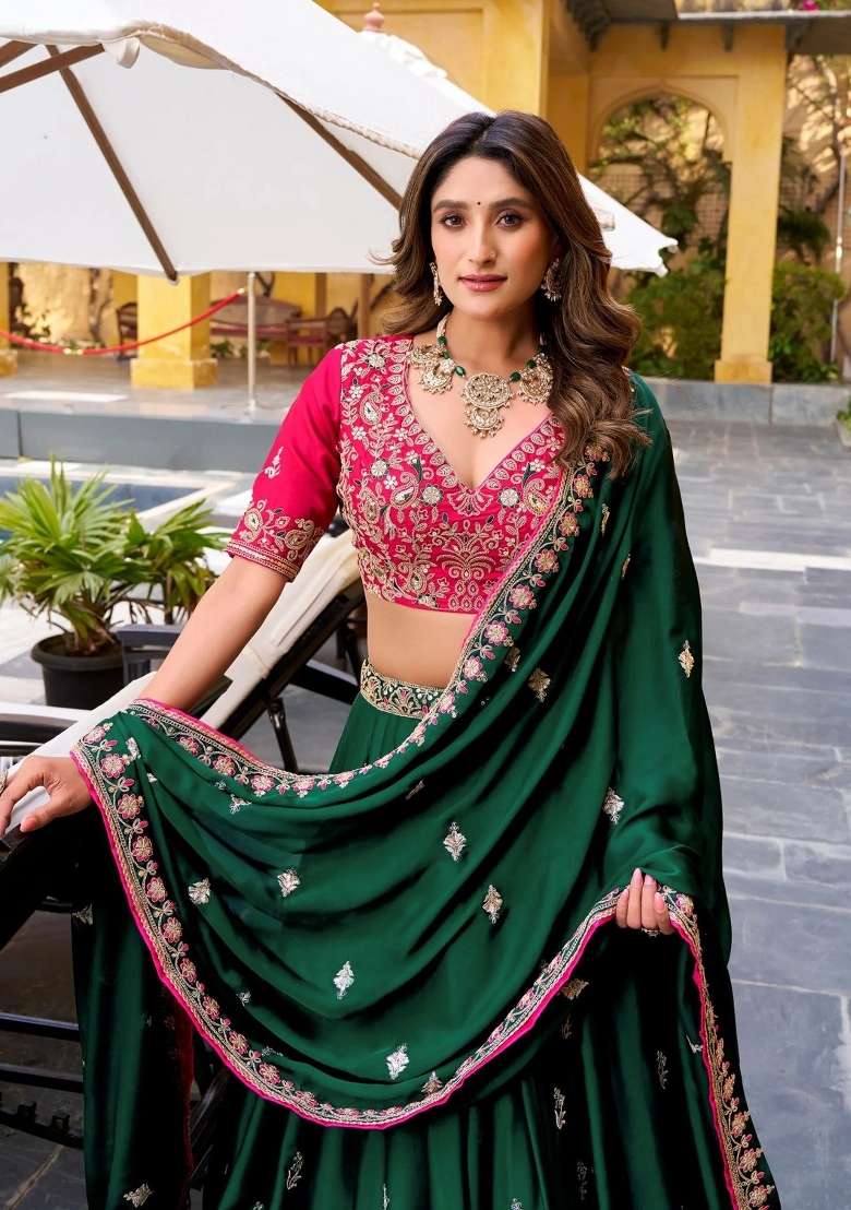 Green Embroidered Chinon Lehenga Set - Indya