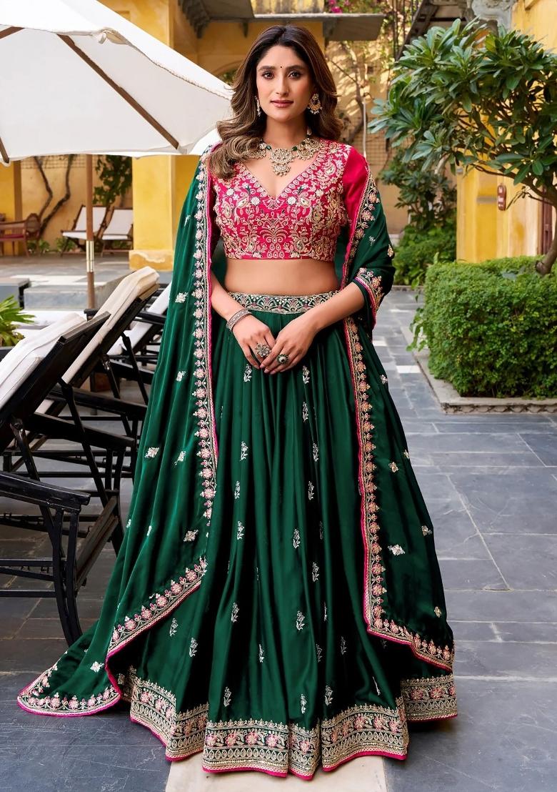 Green Embroidered Chinon Lehenga Set - Indya