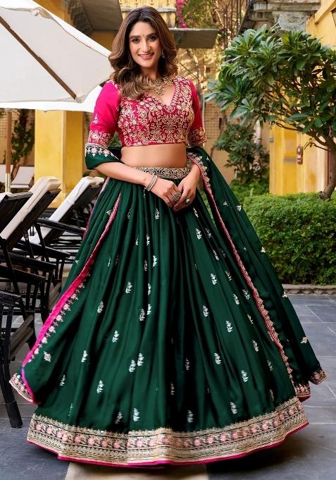 Green Embroidered Chinon Lehenga Set