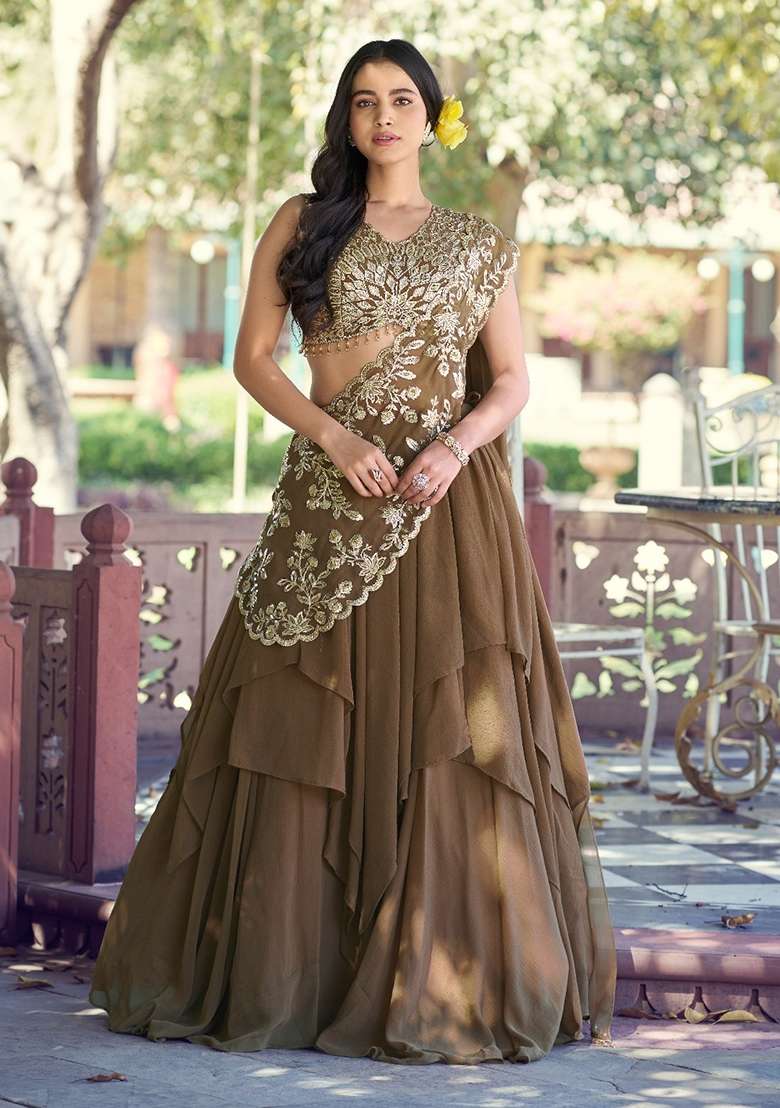 Coffee Work Marble Lehenga Set with Sequin for Diwali | Wedding & Festive Wear - Indya