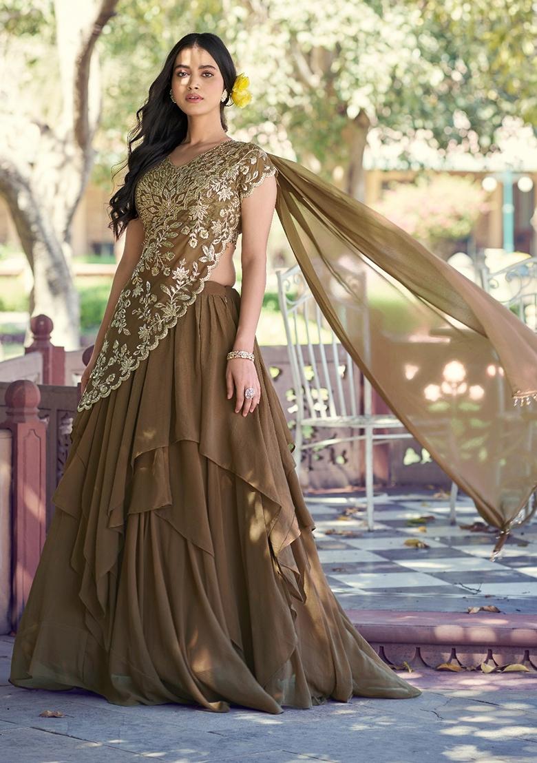 Coffee Sequin Work Marble Lehenga Set - Indya