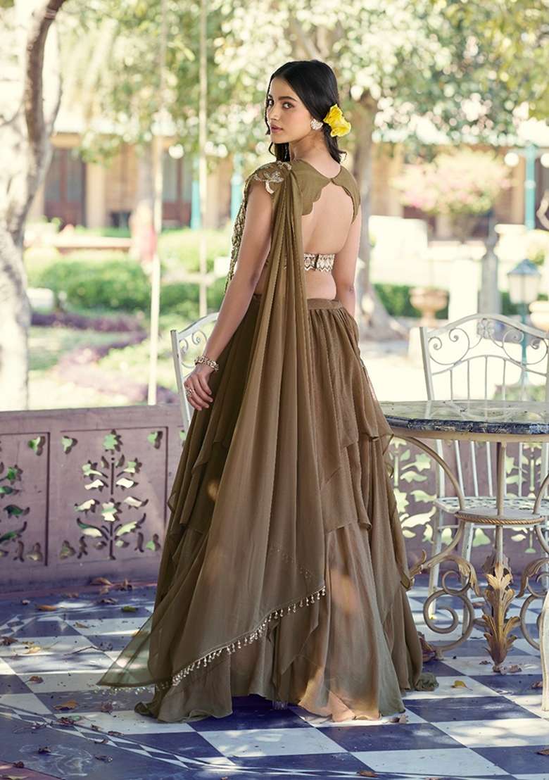 Coffee Work Marble Lehenga Set with Sequin for Diwali | Wedding & Festive Wear - Indya