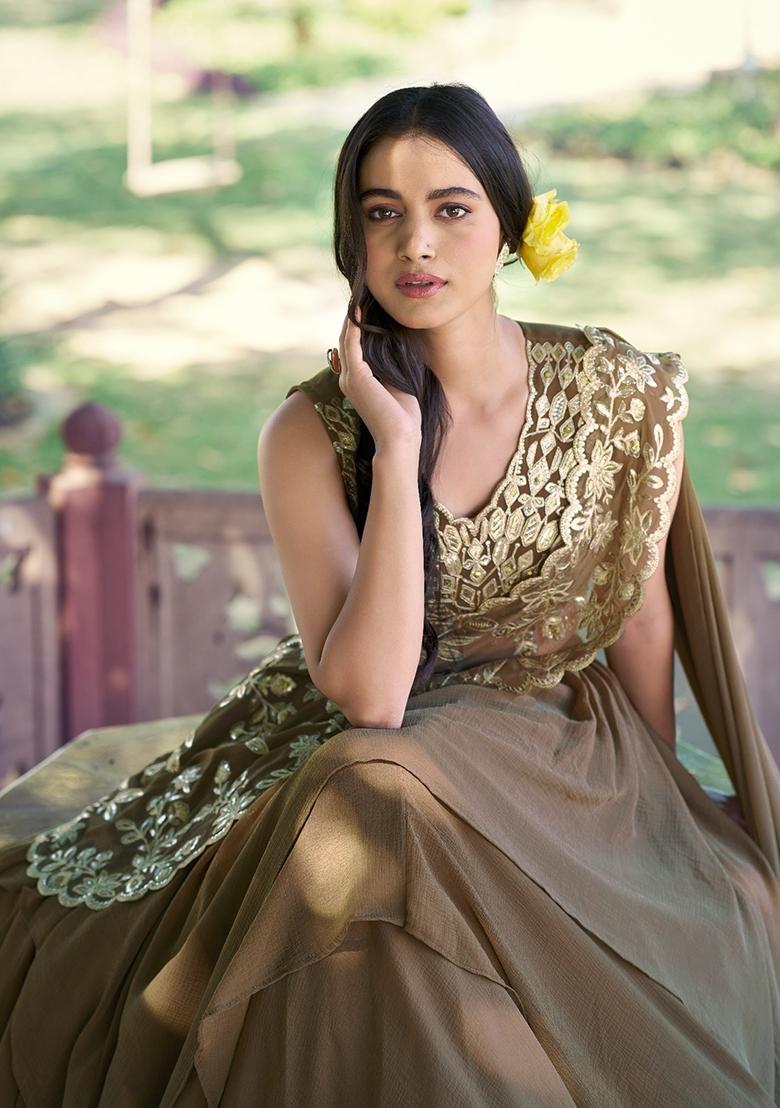 Coffee Sequin Work Marble Lehenga Set - Indya