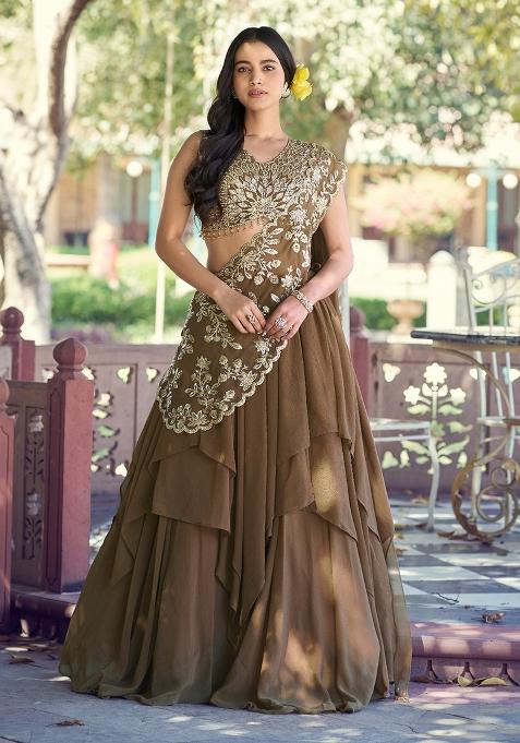 Coffee Sequin Work Marble Lehenga Set