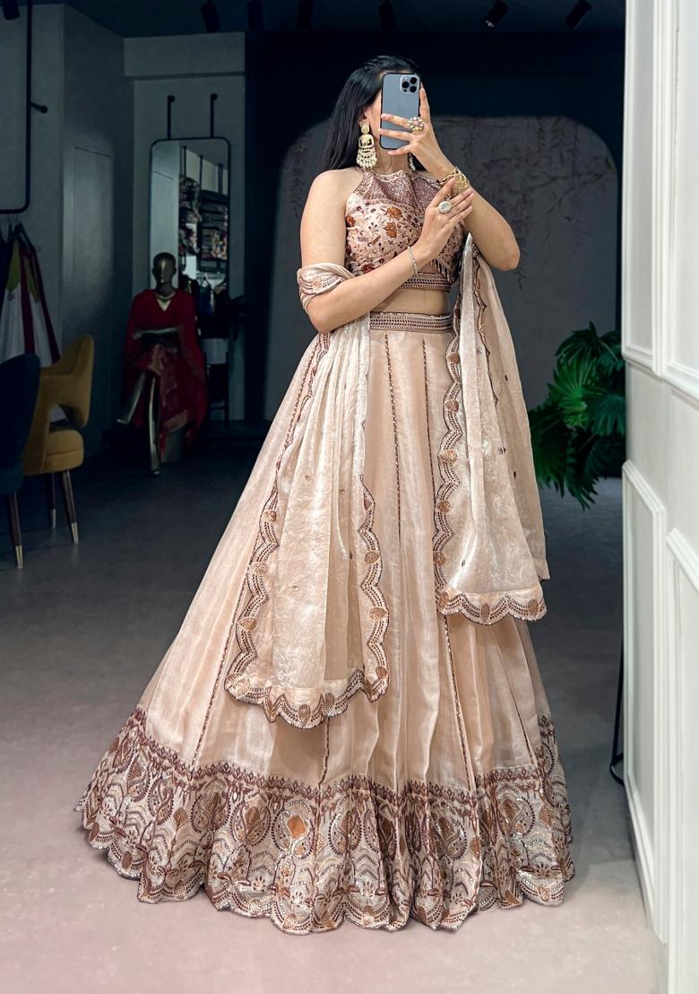 Cream Embroidered Spider Crush Lehenga Set - Indya