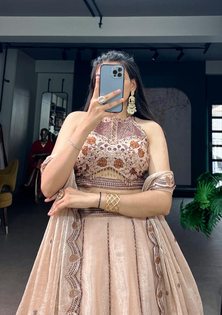 Cream Embroidered Spider Crush Lehenga Set - Indya