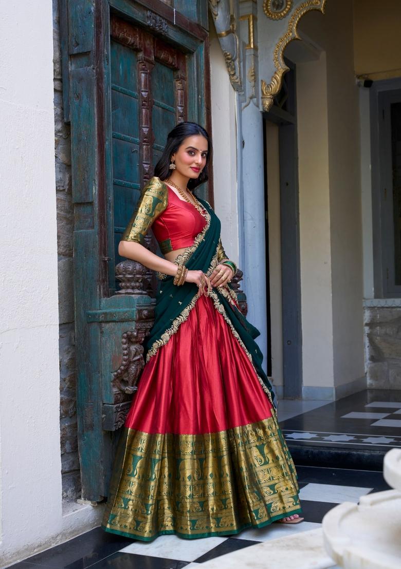 Red Zari Weaving Narayan Pattu Lehenga Set - Indya