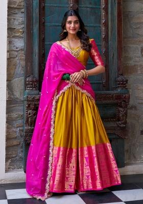 Mustard Zari Weaving Narayan Pattu Lehenga Set