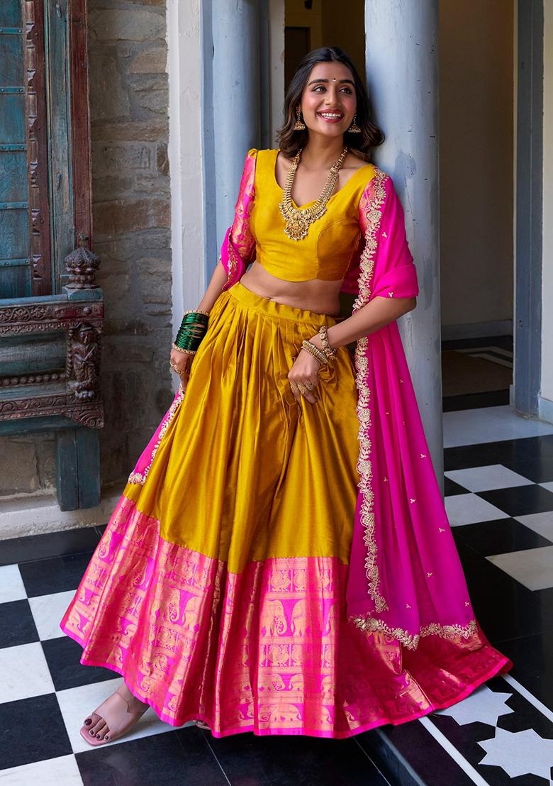 Mustard Zari Weaving Narayan Pattu Lehenga Set - Indya