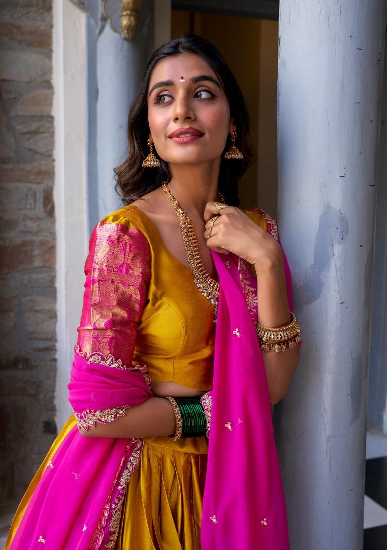 Mustard Zari Weaving Narayan Pattu Lehenga Set - Indya