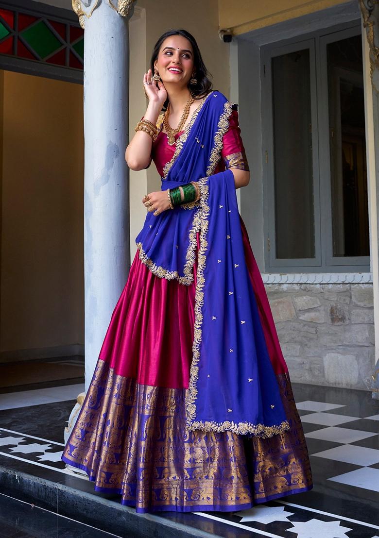 Pink Zari Weaving Narayan Pattu Lehenga Set - Indya
