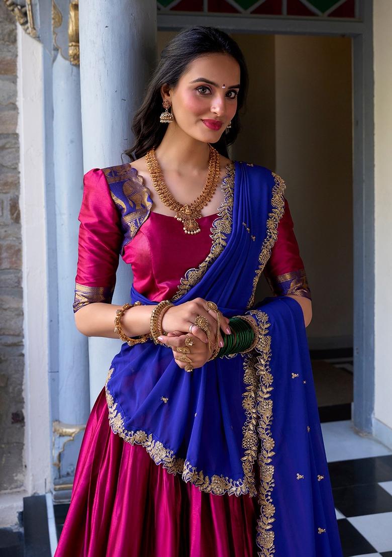 Pink Zari Weaving Narayan Pattu Lehenga Set - Indya