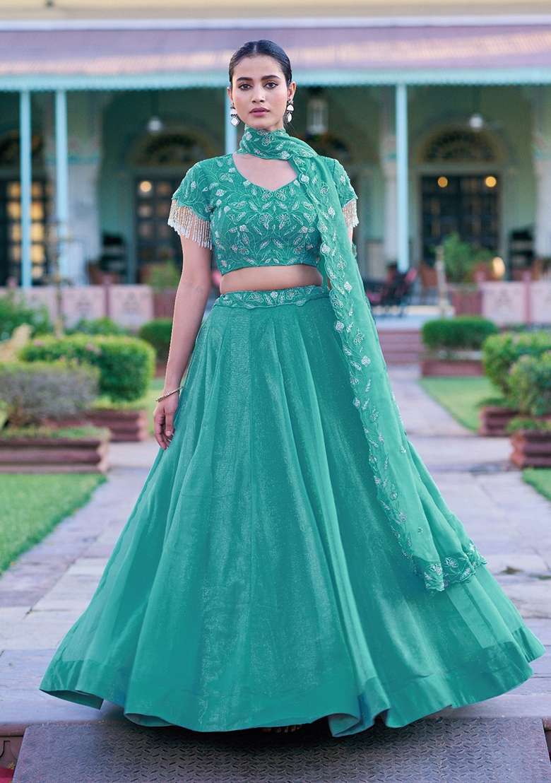 Sky Blue Embroidered Gold Coin Lehenga Set for Diwali and Festive Wear - Indya