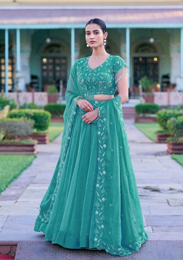 Sky Blue Embroidered Gold Coin Lehenga Set - Indya