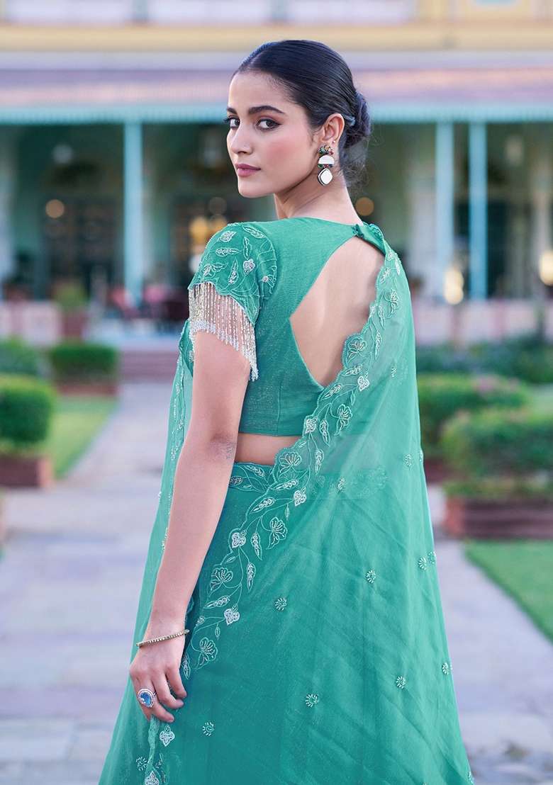 Sky Blue Embroidered Gold Coin Lehenga Set for Diwali and Festive Wear - Indya