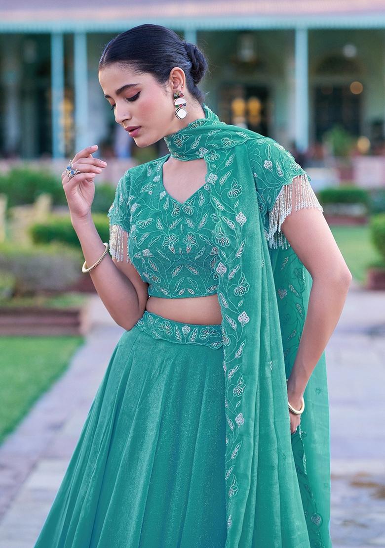 Sky Blue Embroidered Gold Coin Lehenga Set - Indya