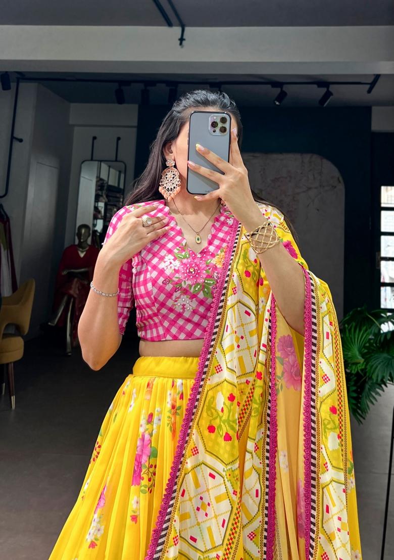 Yellow Printed Gold Coin Lehenga Set - Indya