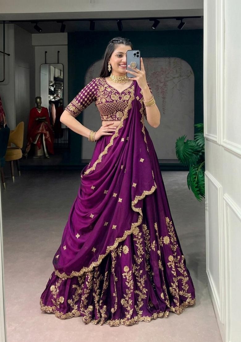 Purple Embroidered Silk Lehenga Set - Indya