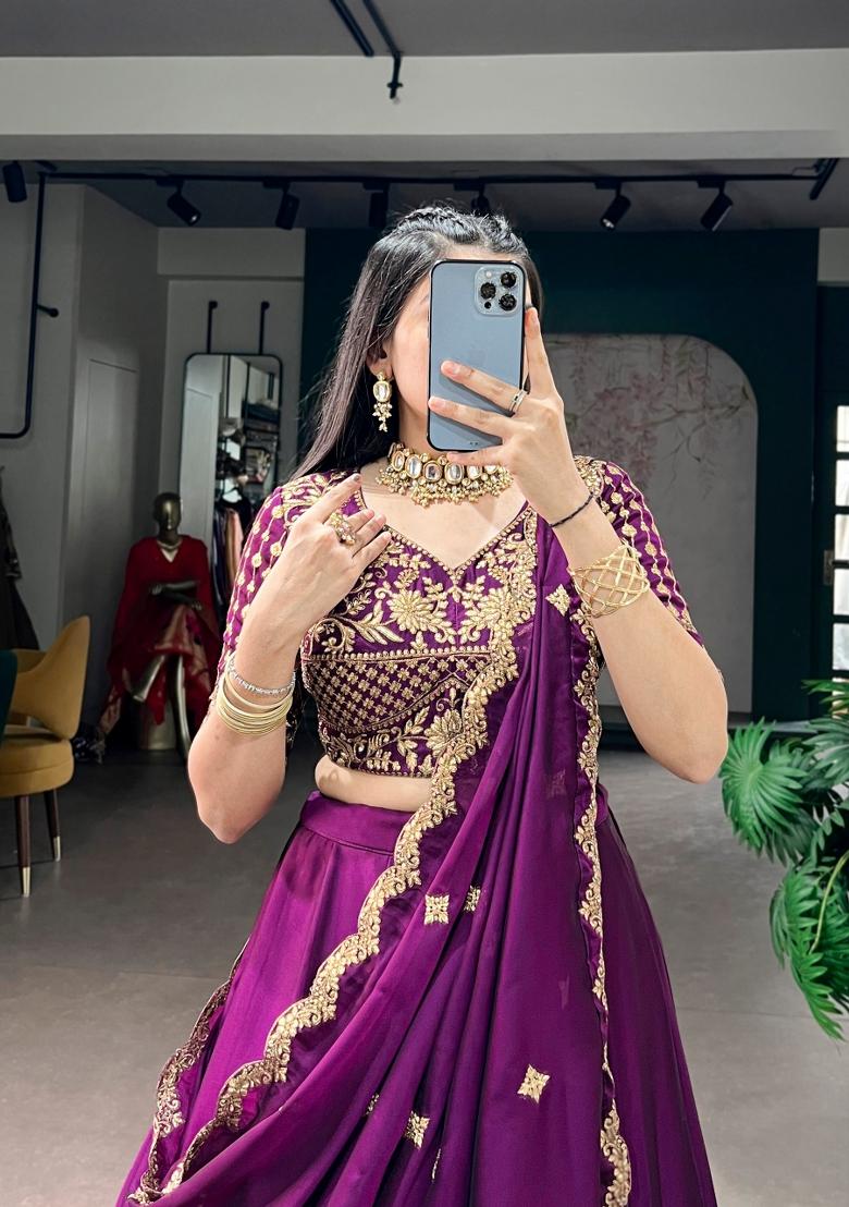 Purple Embroidered Silk Lehenga Set - Indya