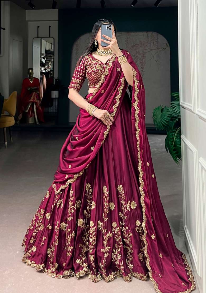 Dark Maroon Silk Lehenga Set with Embroidered for Diwali | Wedding & Festive Wear - Indya