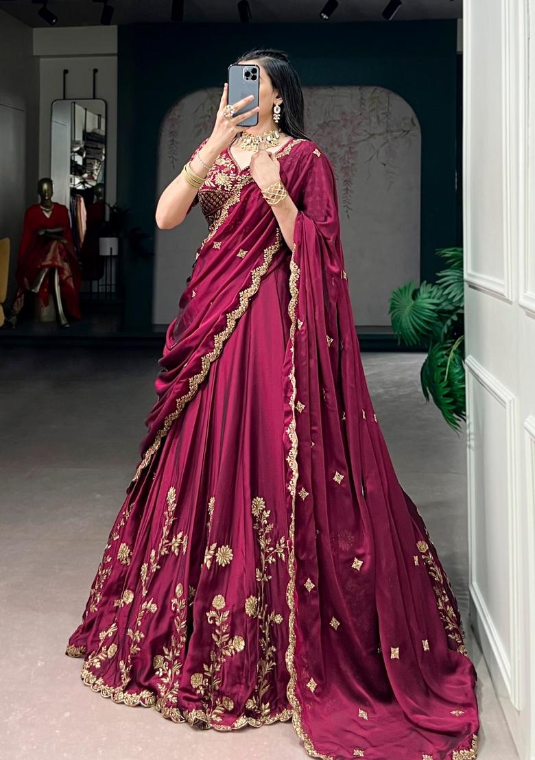 Dark Maroon Embroidered Silk Lehenga Set - Indya