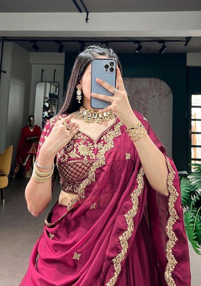 Dark Maroon Embroidered Silk Lehenga Set - Indya