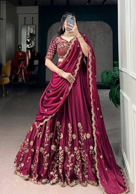 Dark Maroon Embroidered Silk Lehenga Set