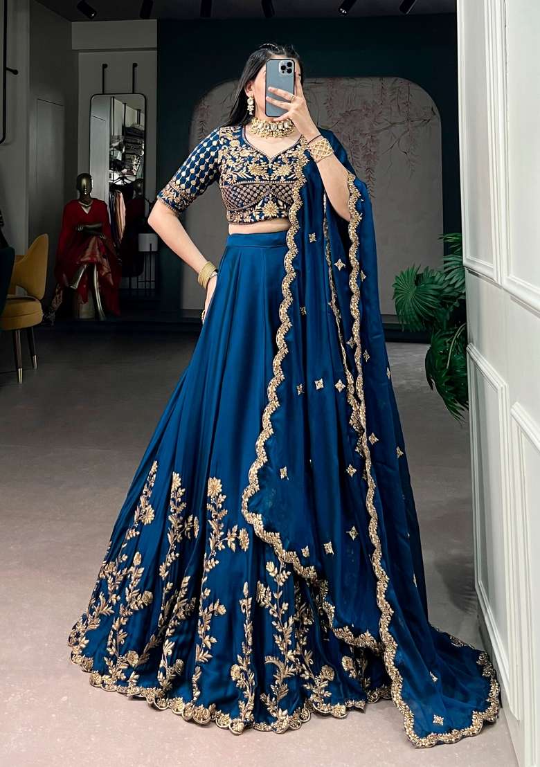Navy Blue Silk Lehenga Set with Embroidered for Diwali | Wedding & Festive Wear - Indya