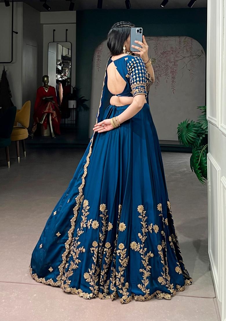 Navy Blue Embroidered Silk Lehenga Set - Indya
