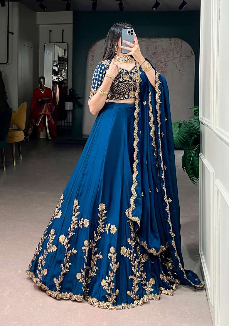 Navy Blue Silk Lehenga Set with Embroidered for Diwali | Wedding & Festive Wear - Indya
