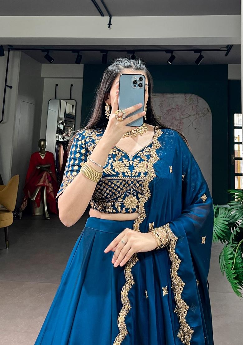 Navy Blue Embroidered Silk Lehenga Set - Indya