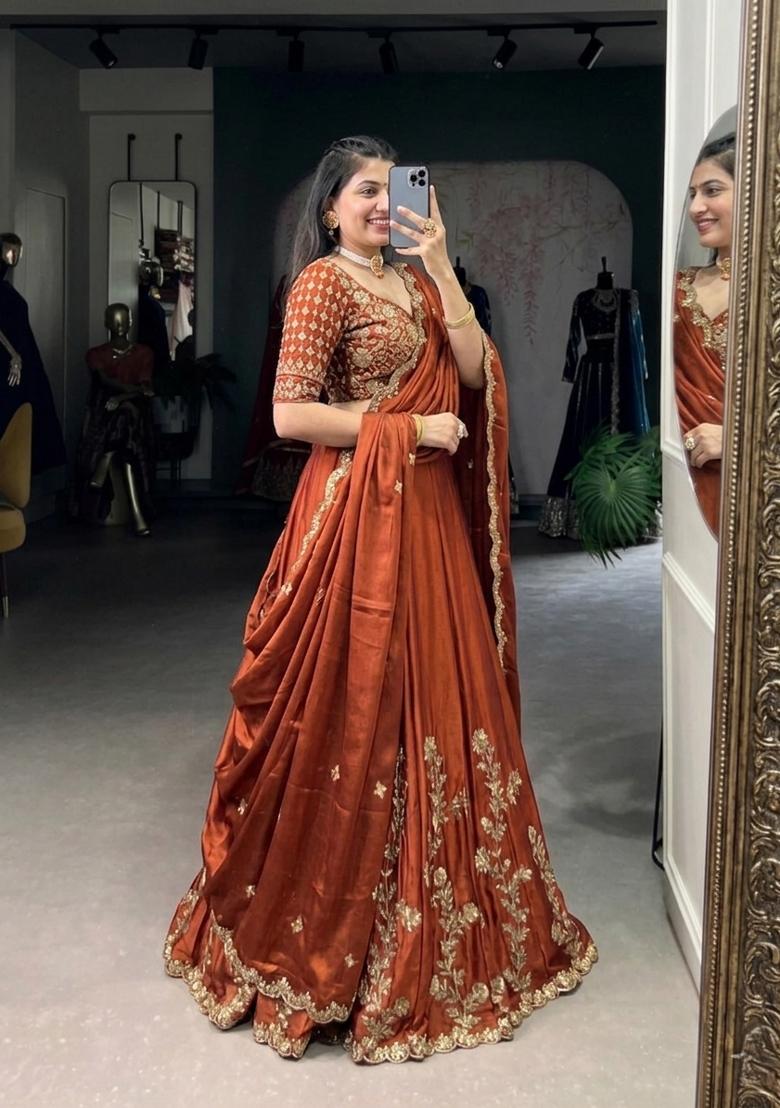 Rust Orange Embroidered Silk Lehenga Set - Indya