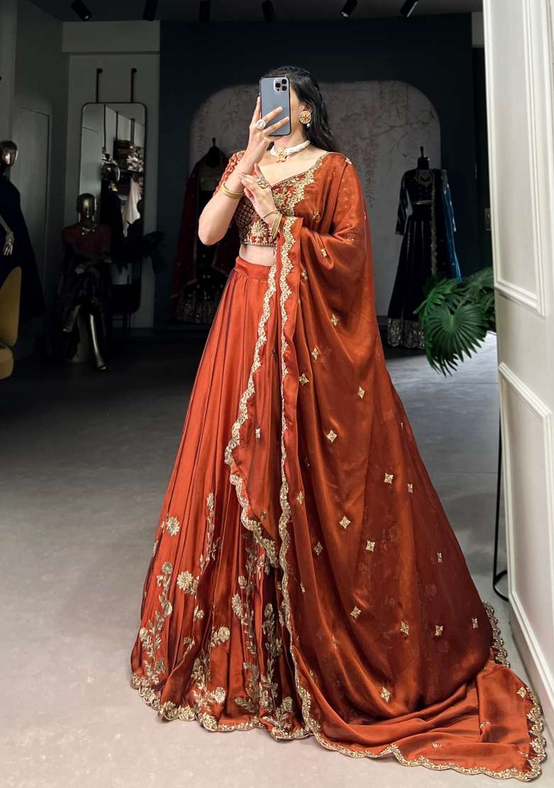 Rust Orange Embroidered Silk Lehenga Set for Diwali and Festive Wear - Indya