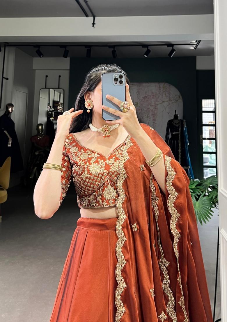 Rust Orange Embroidered Silk Lehenga Set - Indya