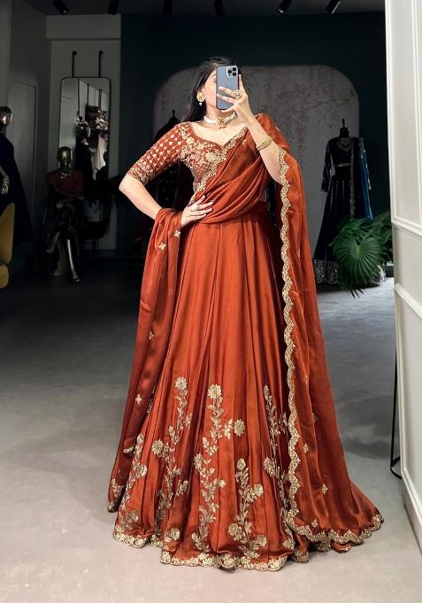 Rust Orange Embroidered Silk Lehenga Set