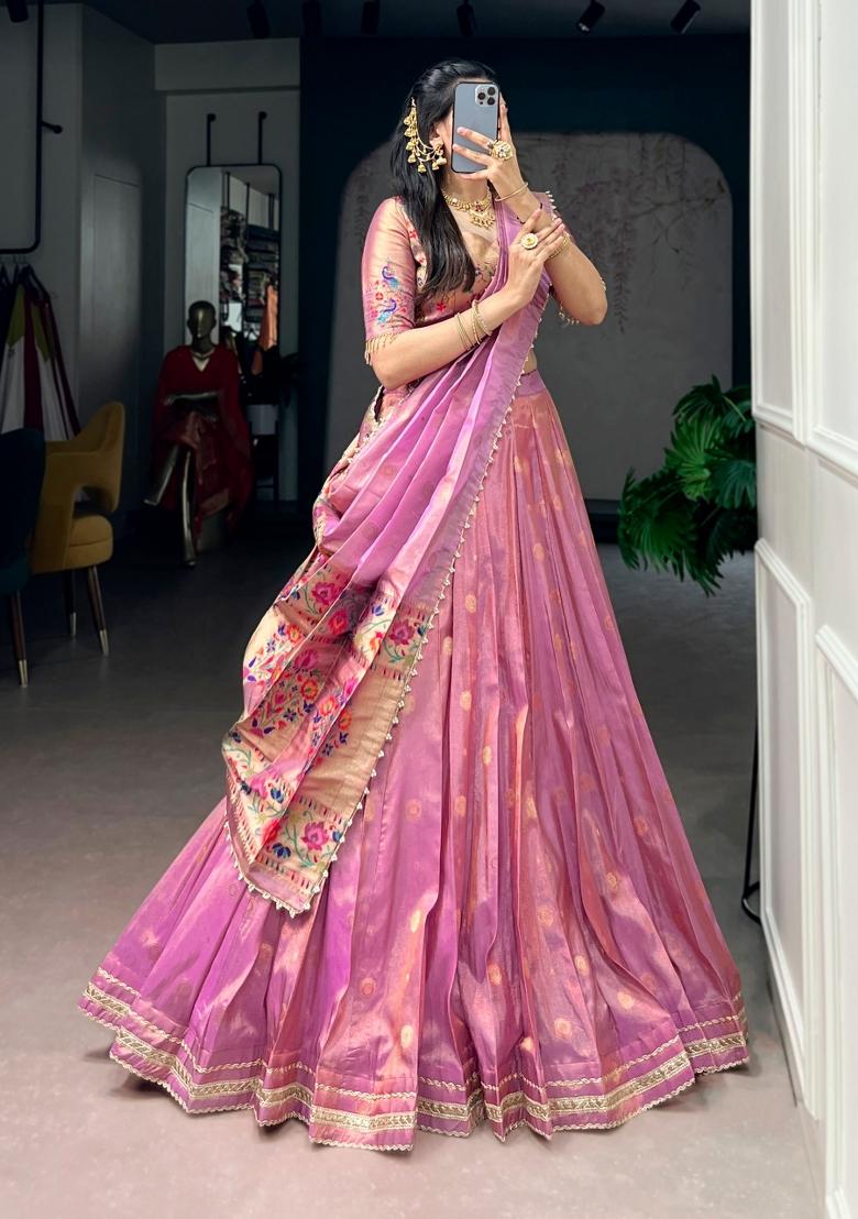 Light Pink Zari Weaving Shimmer Lehenga Set - Indya