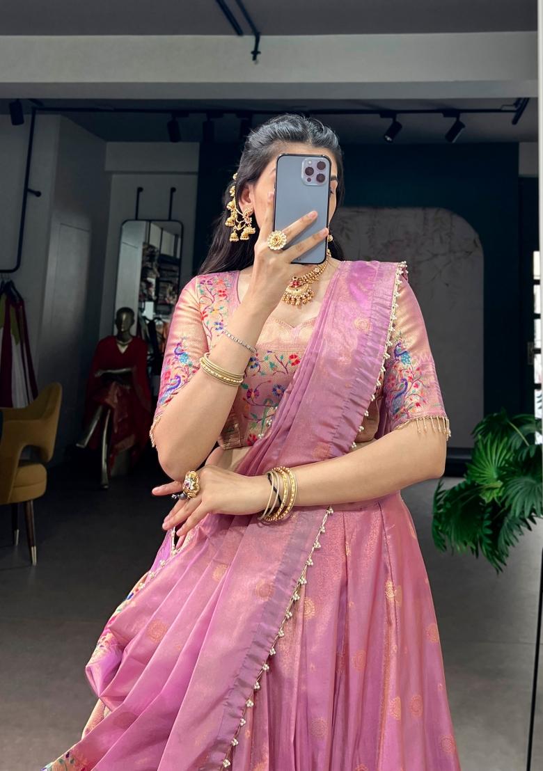 Light Pink Zari Weaving Shimmer Lehenga Set - Indya
