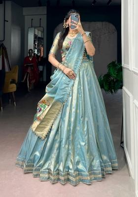Sky Blue Zari Weaving Shimmer Lehenga Set