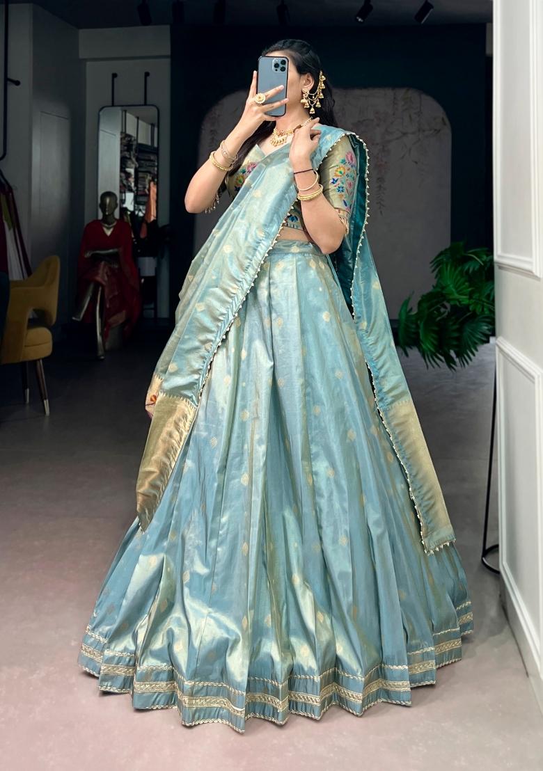 Sky Blue Zari Weaving Shimmer Lehenga Set - Indya