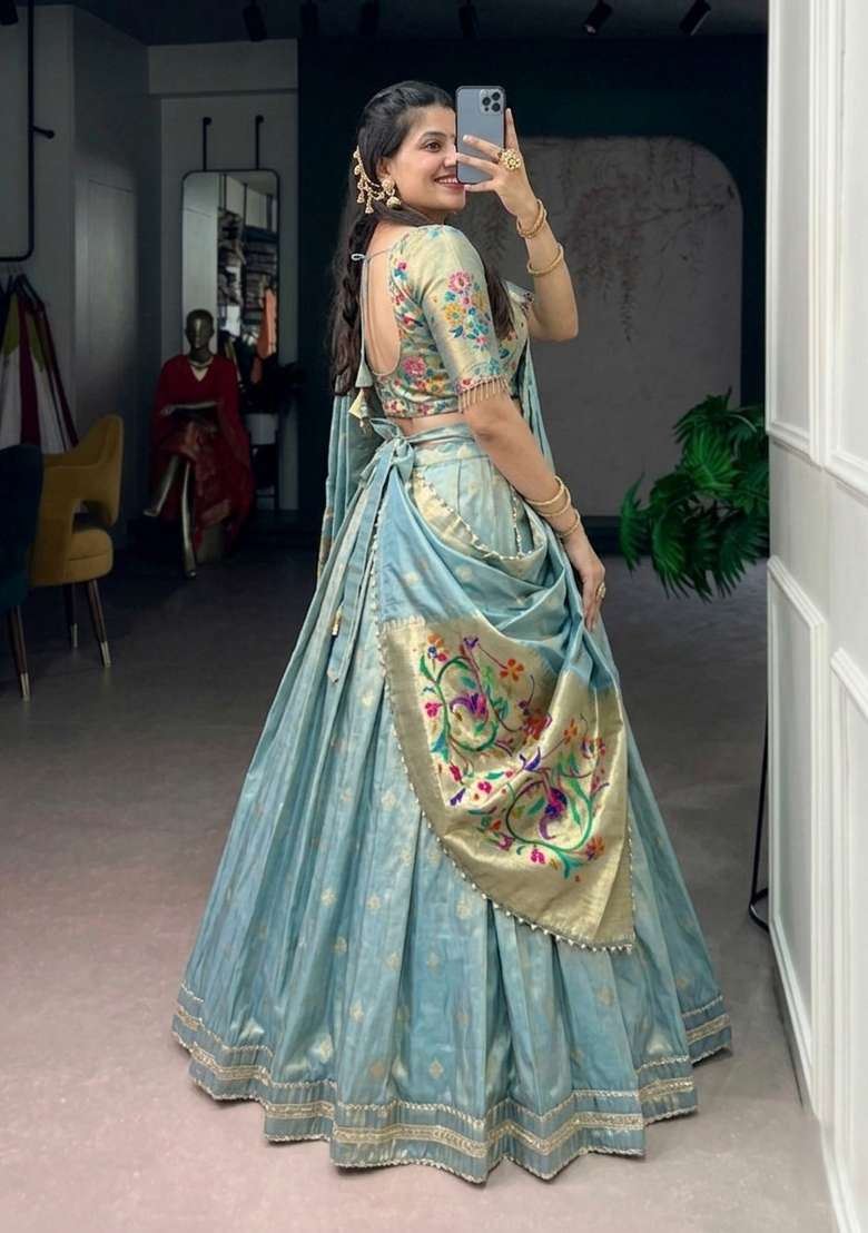 Sky Blue Zari Weaving Shimmer Lehenga Set - Indya