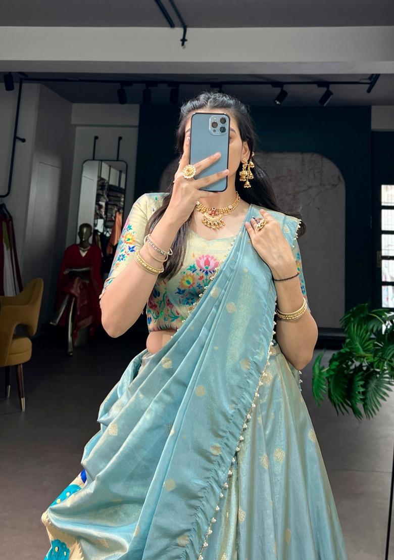 Sky Blue Zari Weaving Shimmer Lehenga Set - Indya