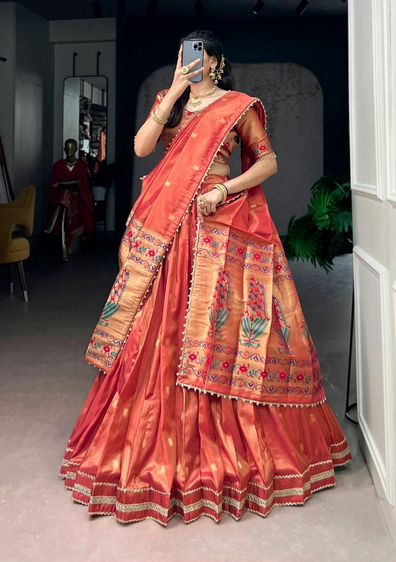 Coral Red Zari Weaving Shimmer Lehenga Set - Indya