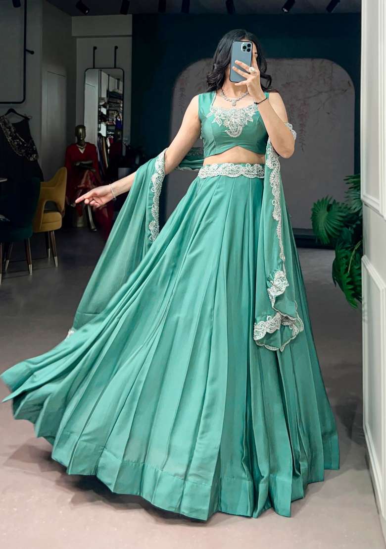 Sky Blue Silk Lehenga Set with Embroidered for Diwali | Wedding & Festive Wear - Indya