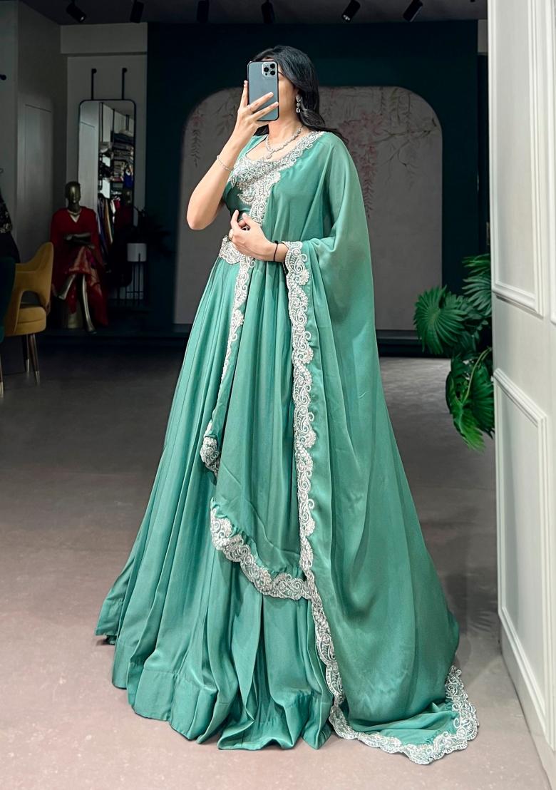 Sky Blue Embroidered Silk Lehenga Set - Indya